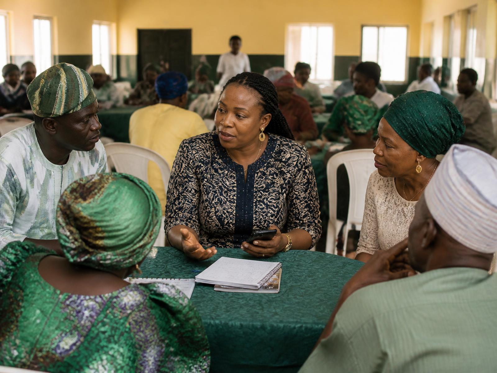 Members of a Nigerian community savings group meeting around a table with a record book